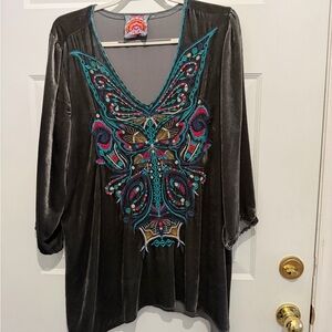 Johnny Was XL velvet embroidered top